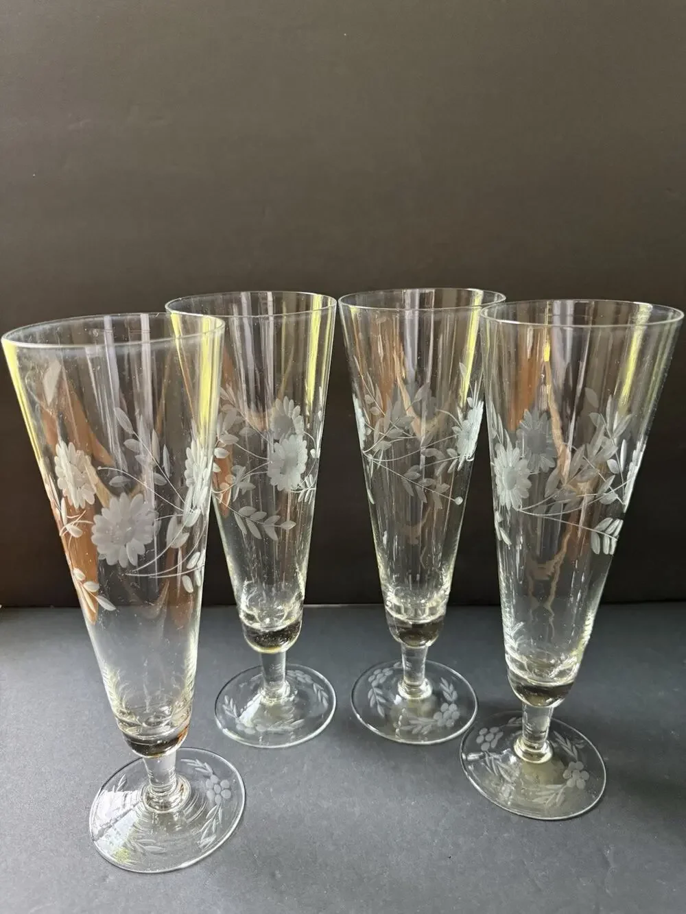 Vintage Etched Crystal Pilsner Glasses Champagne Barware Set (4)Flower Design
